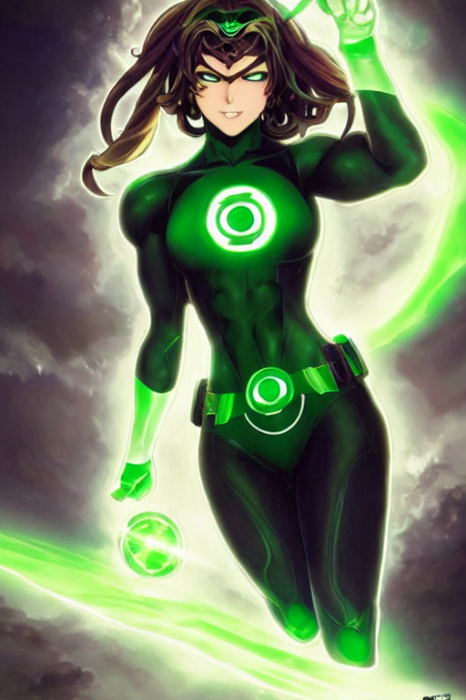 prompthunt: anime key visual of a beautiful young female green lantern!!  intricate, green and black suit, glowing, powers, dc comics, cinematic,  stunning, highly detailed, digital painting, artstation, smooth, hard  focus, illustration, art