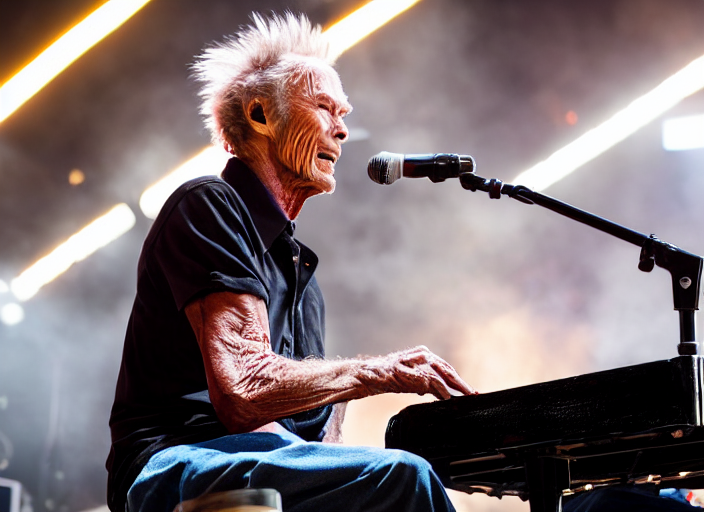 prompthunt: photo still of clint eastwood on stage at vans warped  tour!!!!!!!! at age 6 8 years old 6 8 years of age!!!!!!!! playing a piano  on fire, 8 k, 8 5