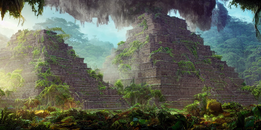 prompthunt: fantasy painting of aztec ruins in a vast jungle, intricate ...