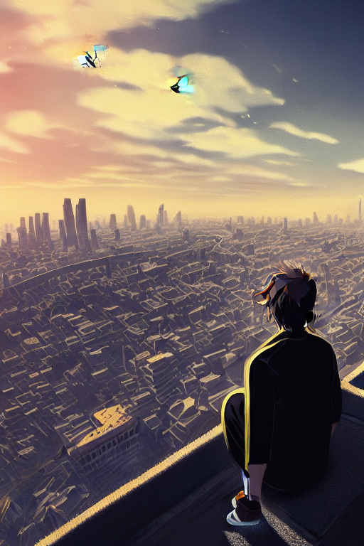 Dark anime male, on building rooftop, detailed backg
