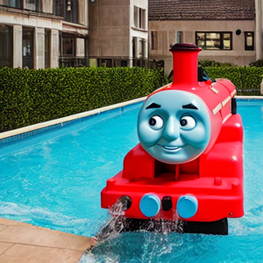 a large inflatable pool float of Thomas the Tank Engine in the centre of a luxury hotel swimming pool, travel brochure photograph