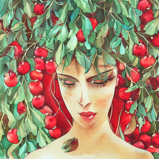 prompthunt: Persephone surrounded by pomegranates, beautiful, elegant,  watercolor, render, trending on artstation