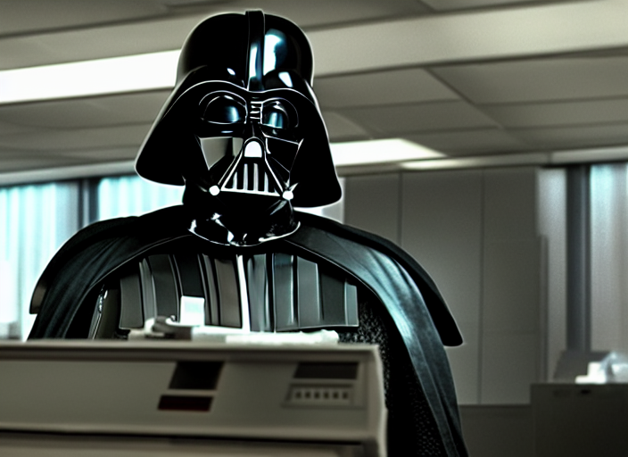 prompthunt: film still of Darth Vader working in and office at a computer  bored in the new Star Wars movie, 4k
