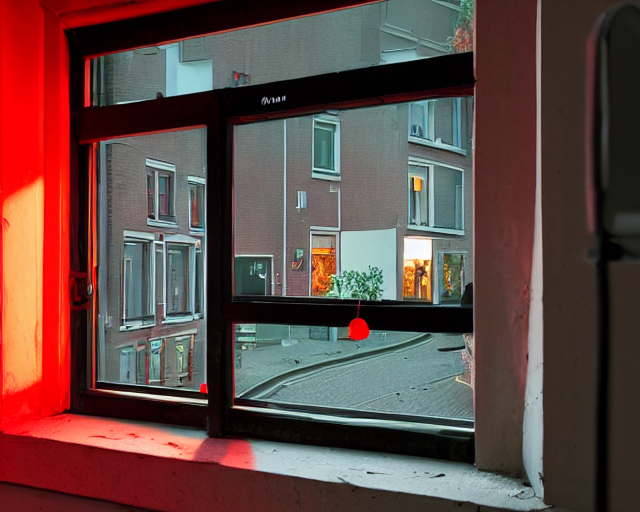 prompthunt: view of a moonlit street in de rosse buurt, a window with a red  light containing an nvidia gpu wearing a miniskirt, cash on a sidetable,  photorealistic atmospheric sensual lighting documentary