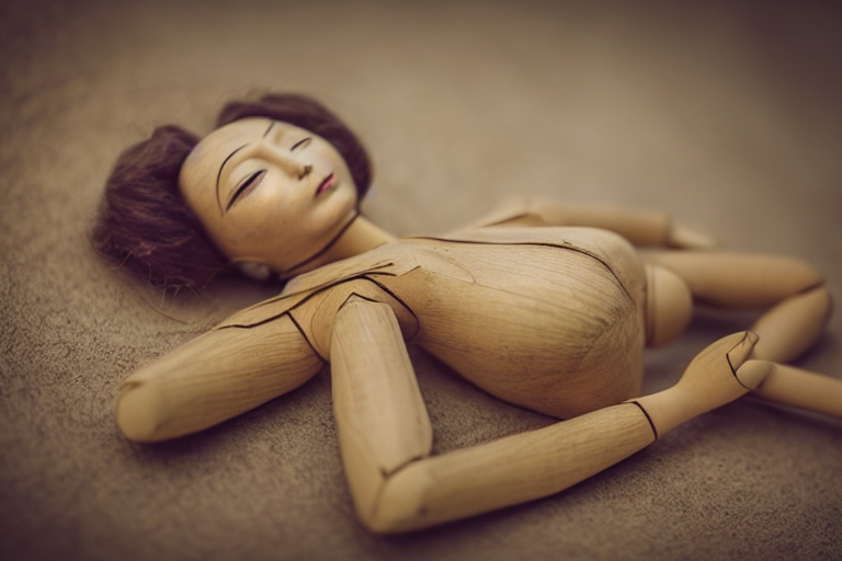 2 8 mm lens wide angle full body photograph of a beautiful female jointed wooden art doll, asleep, by raphael, by agostino arrivabene, soft light, crying, sadness, in the rain, bokeh