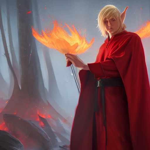 middle adged blonde male elf wizard in red robes holding staff, surrounded by fire, epic wallpaper, high fantasy, trees, intricate detail, digital painting, artstation, concept art, smooth, sharp focus, illustration, art by greg rutkowski and wlop and raymond swanland and ross tran