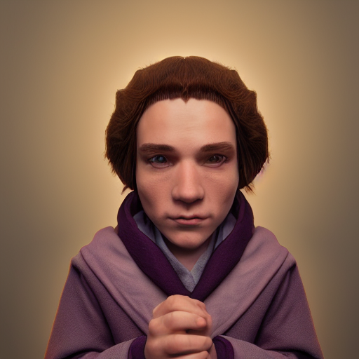 portrait of lightfoot halfling wizard, brown hair, purple robes, trending on artstation, cinematic lighting, hyper realism, octane render, 8 k, hyper detailed.