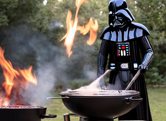 film still of Darth Vader cooking on an outdoor grill