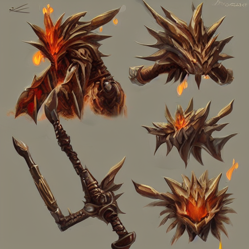 prompthunt concept art of fire golem hammer weapon, symmetry, golem
