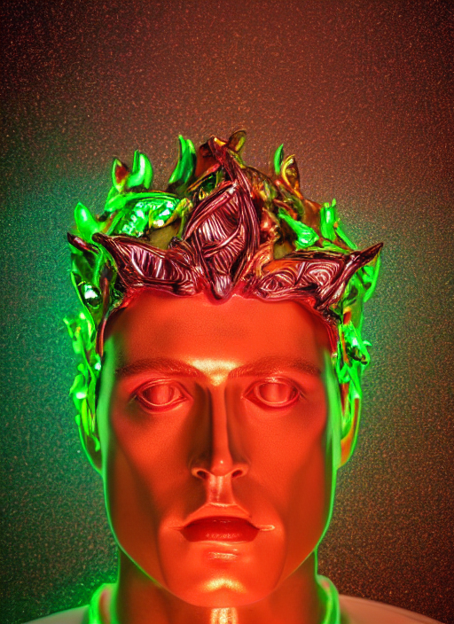 prompthunt: photo of baroque and bladerunner delicate neon ruby sculpture  of seductive ceramic albino king william levy tigers orange iridescent  humanoid deity wearing metallic green hoody made out of leaves holding the