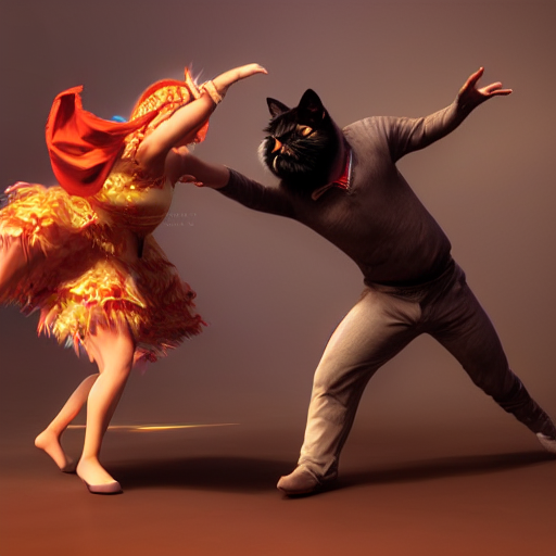 A hyper real comic book style portait painting of two persian cats dancing salsa, unreal 5, hyperrealistic, octane render, cosplay, RPG portrait, dynamic lighting