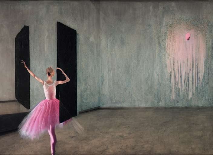 prompthunt: portrait of nervous young girl ballerina focusing in a dance  hall by beeple and hernan bas and francis bacon and pat steir and hilma af  klint, psychological, photorealistic, symmetrical face, dripping