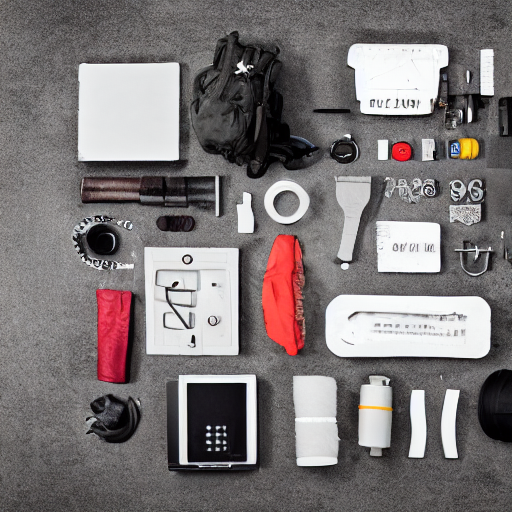 prompthunt: Knolling of an effective survival kit for the zombie apocalypse, flat lay photography, neutral background, shot with a tripod, focal  lenght 50.0mm, aperture f/11, 1/30s shutter speed