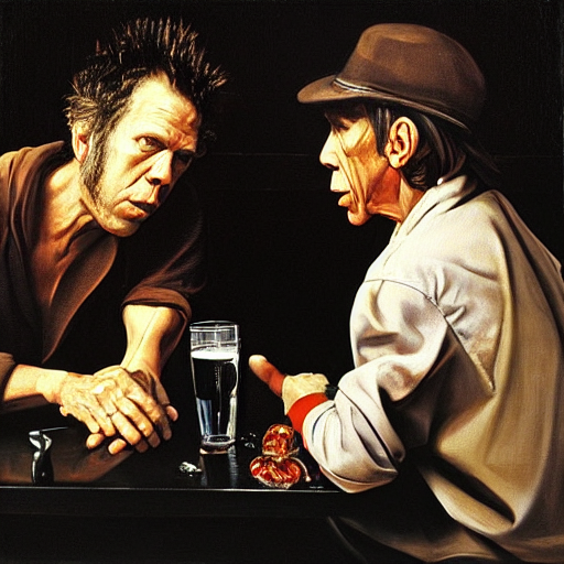 prompthunt: Tom Waits and Iggy Pop talking in a pub by Jim Jarmush, oil  painting by Caravaggio
