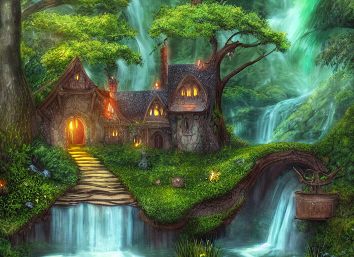 prompthunt: A beautiful Elvish house near a waterfall with trees and grass  and a bridge, fantasy, detailed, digital painting
