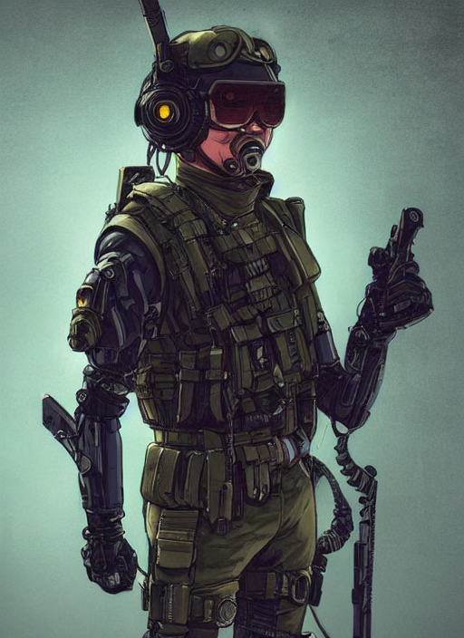 Man with dark medium hair cyberpunk mercenary streetwear muscular soldier  fighter tactical face portrait