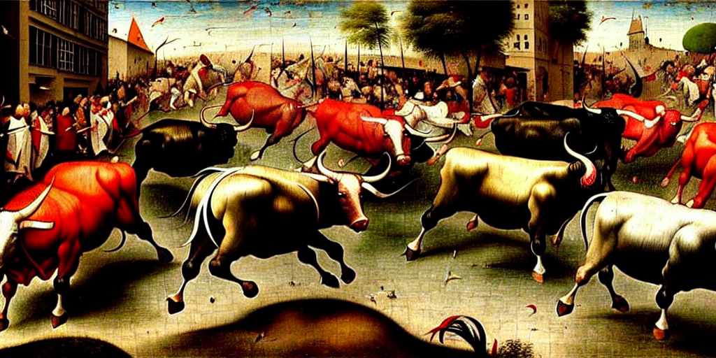 prompthunt: the running of the bulls in pamplona, hundreds of people are  fleeing from rampaging bulls in the city streets, art by hieronymus bosch,  intricate, elegant, highly detailed, smooth, sharp focus, artstation