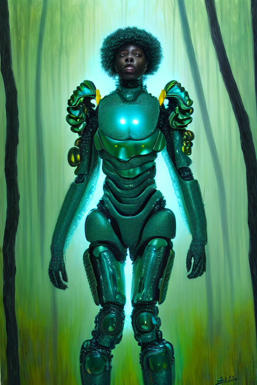 hyperrealistic post - maximalist cinematic super expressive! black woman with exoskeleton armor, merging with tree in a forest, highly detailed digital art masterpiece, smooth cam de leon eric zener dramatic pearlescent soft teal yellow light, ground angle hd 8 k, sharp focus