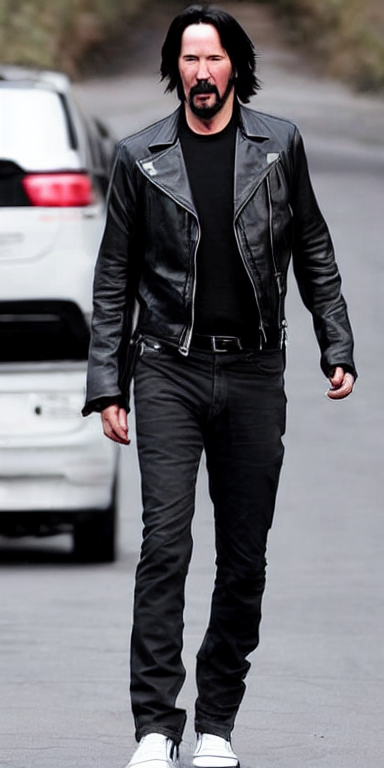 prompthunt: Keanu Reeves in a black leather jacket, white Adidas pants ...