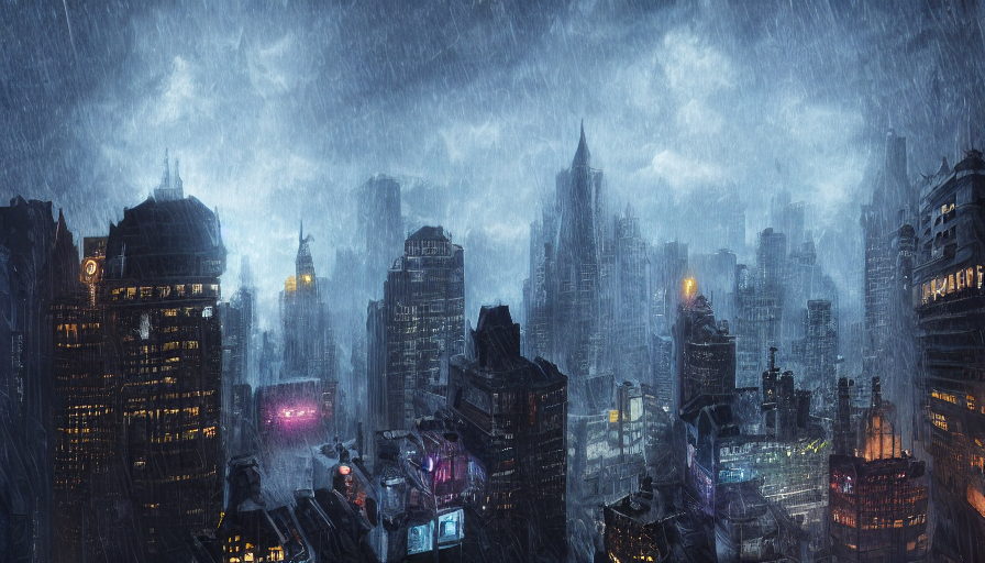 prompthunt Digital painting of Gotham City with Batman on a rooftop