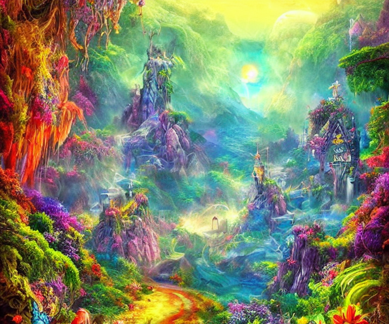 prompthunt: a mystical wonderland, high fantasy, magical elements, vibrant  colors, lush landscape