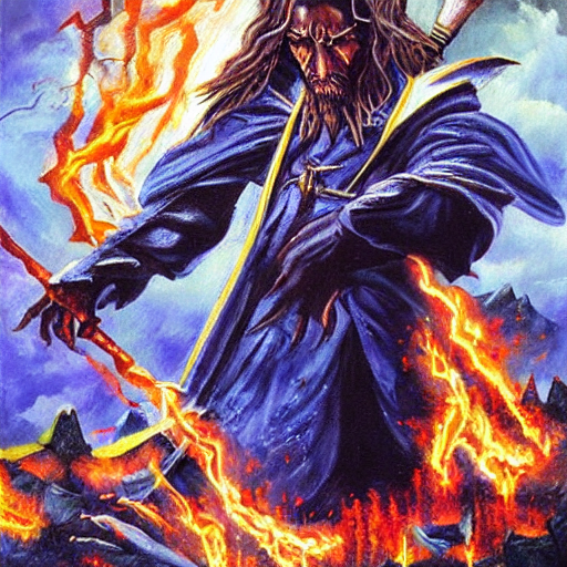 Artistic painting of a wizard fighting the forces of evil