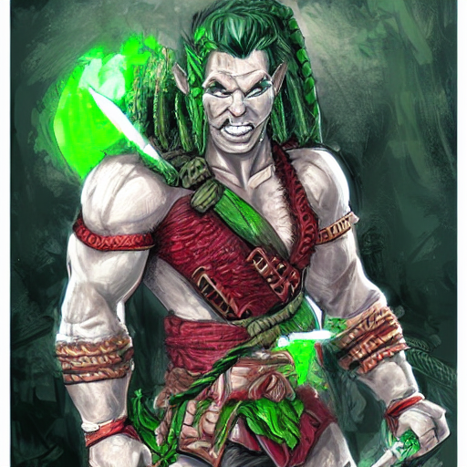 half orc barbarian with green skin and with red braided hairstyle wearing armor by rossdraws