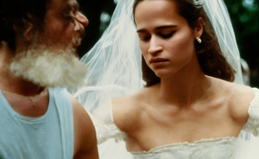 KREA - movie still medium shot of skinny cheerful Alicia Vikander in a wedding  dress. She embraces her husband, a morbidly obese and bearded nerd. By  David Bailey, Cinestill 800t 50mm eastmancolor