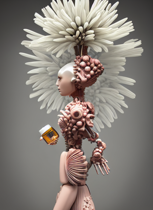 prompthunt: marble mannequin carrying perfume bottle, biomechanical corals  daisies rhizomorphs in an ivory room well contoured smooth fair walls, up  close shot, sharp focus, global illumination, radiant light, alexandre  ferra white mecha,