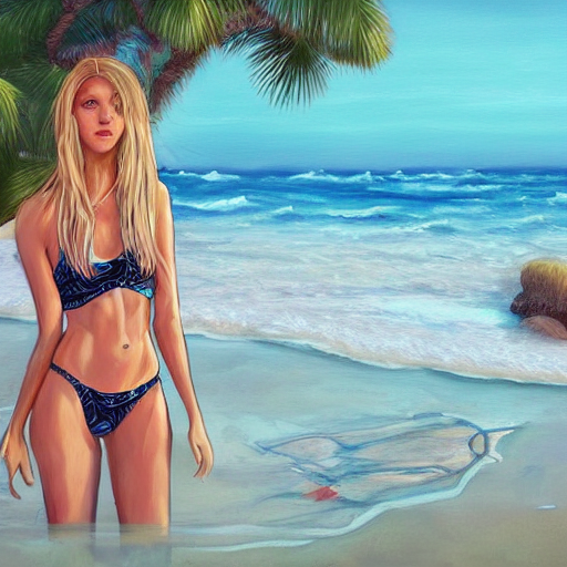 prompthunt: Jutta Leerdam wearing a bikini in a beach, sunset, cute,  intricate, elegant, highly detailed, centered, digital painting,  artstation, concept art, smooth, sharp focus, illustration