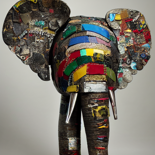 prompthunt: assemblage art sculpture made of household junk, scrap,  garbage, in the shape of an elephant, high detail, 4k, studio lighting