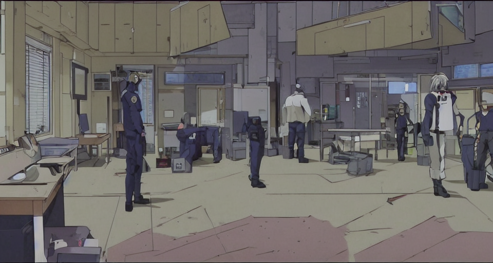 prompthunt: Scene within the location called 'Public security section 9'. Police  station interior. Screenshot from an episode of the anime 'Ghost in the  shell: Stand Alone Complex' (2003). Produced by 'Production I.G'.