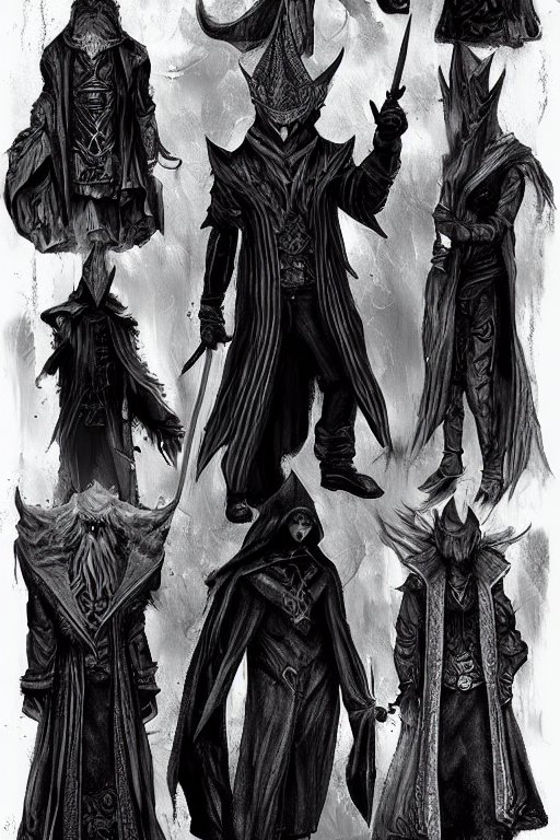 wizard style clothing design, menswear, black and white tones, fantasy art