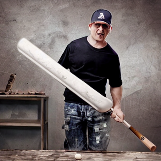 prompthunt: an insane man hitting a table with an aluminum baseball bat
