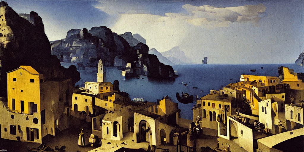 prompthunt: a semi - abstract painting of ancient roman village in amalfi  coast hill by yves tanguy and vermeer, dramatic lighting, analogous  complementary colour scheme, vivid colours