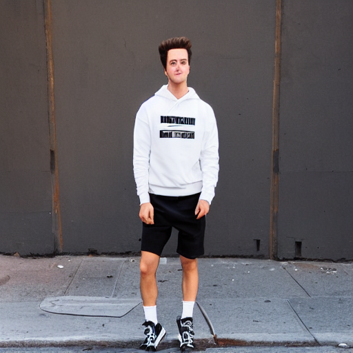 prompthunt: Jimmy Neutron wearing a white sweatshirt and black shorts and  white sneakers standing on the side of a street in new york city, 8k,  professional,