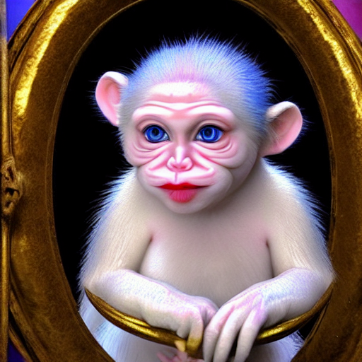 prompthunt: magical scene. the sweet old very fat baby white monkey, red lips, blue eyes, is in love with her fancy beautiful colorful white fish. close up. face. subsurface scattering shiny