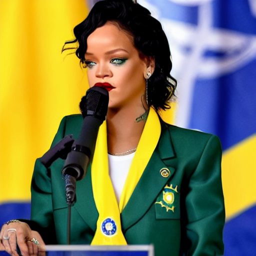 Rihanna as president of Brazil, Brazilian flags behind her, she is delivering a speech, Brazilian election rally, super detailed, hd