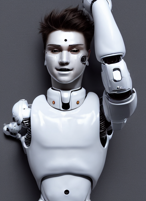 prompthunt: portrait of a futuristic blanco ceramic Spanish prince grinning  humanoid robot with a handsome face and muscular body reclining, macho,  piroca, dotado, guapo, matte surface, trending on cgsociety