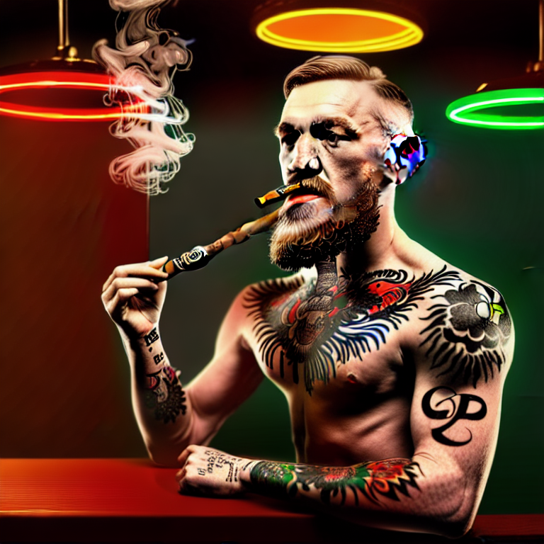 prompthunt: a intricately detailed portrait of conor mcgregor smoking a lit  cigar in an irish pub with a neon bar, smoke rising like clouds, balanced,  trending on art station, volumetric lighting &