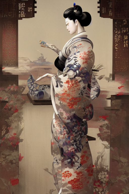 prompthunt: the oriental female bionic artificial intelligence geisha in  kimono is white, tender and beautiful. behind it is a japanese tatami room  painted with a wave ukiyo screen, game character concept art,