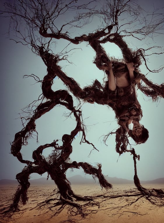prompthunt: full body shot of old asian man with long beard, hanging from a  tree, his head upside down, covered in roots, bright multiple glowing eyes,  holding a large carved wooden dark