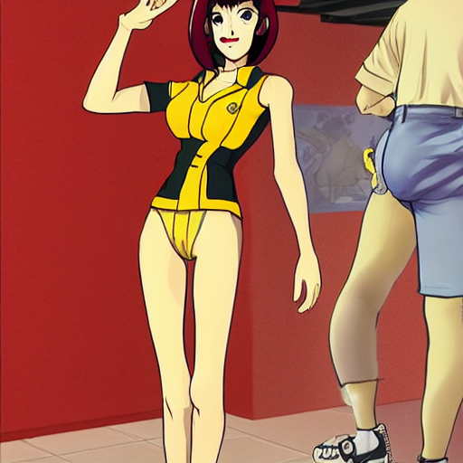 prompthunt: Faye Valentine from Cowboy Bebop, her standard outfit consists  of yellow shorts, a matching buttoned shirt, white ankle boots,  flesh-colored stockings, and a loose red jacket, photorealistic, highly  detailed