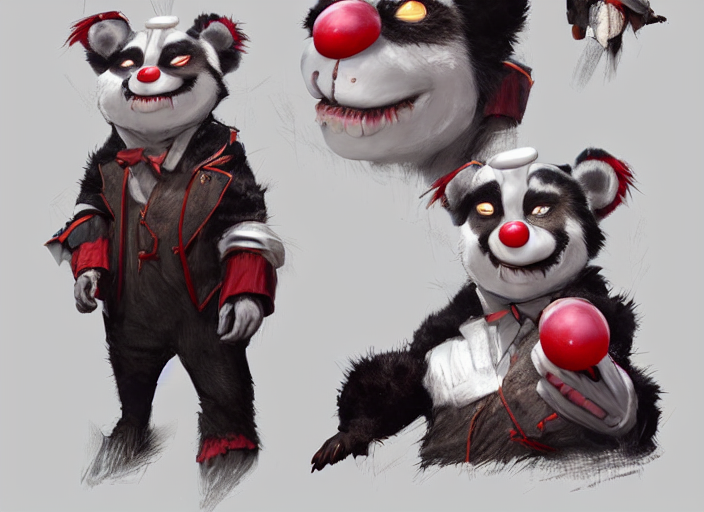 KREA - award - winning detailed concept art of a creepy clown fnaf  animatronic puppet anthropomorphic raccoon character wearing clown makeup  face paint. art by wlop on bcy. net, realistic. detailed fur