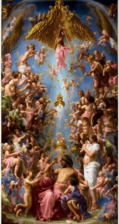 prompthunt: Louis Armstrong as Gabriel blowing his horn at the Pearly Gates  of Heaven, pink tinged heavenly clouds, beautiful multiracial baby angels  flying around his head blowing iridescent soap bubbles, Halle Berry