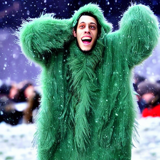 prompthunt: pete davidson dressed in a fuzzy green yeti costume in the snow  with fire exploding behind him