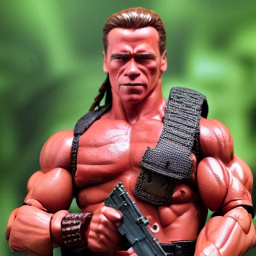 Akkumulerede bronze væv prompthunt: a 12 inch action figure of Arnold Schwarzenegger from Predator.  Big muscles. Holding an automatic rifle in his hands. Plastic shiny.