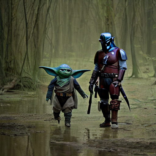 prompthunt: mandalorian and baby yoda walking through swamp, stunning  cinematography, light diffusion