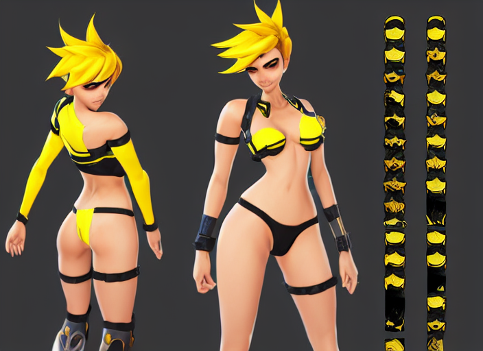 tracer game character, in black bikini, blonde hair