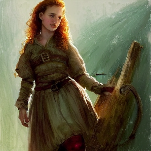 young, freckled, curly haired, redhead Natalie Portman as a optimistic!, cheerful, rattlebrained medieval innkeeper in a dark medieval inn. colorful, soft focus, fantasy character concept art by by Jakub Rozalski, Jan Matejko, and J.Dickenson